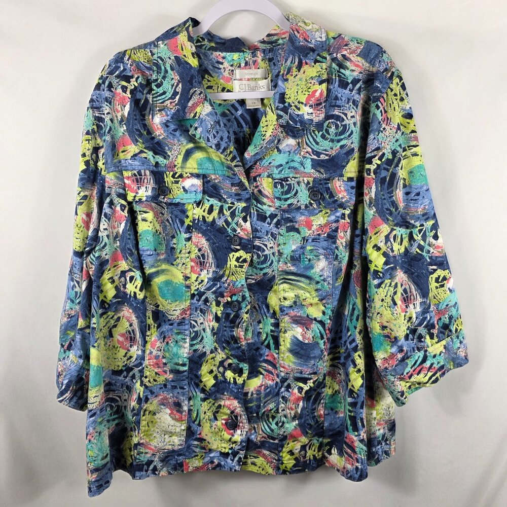 CJ Banks Jacket Women's Size 1X Multicolored Abstract Print 3/4 Sleeves